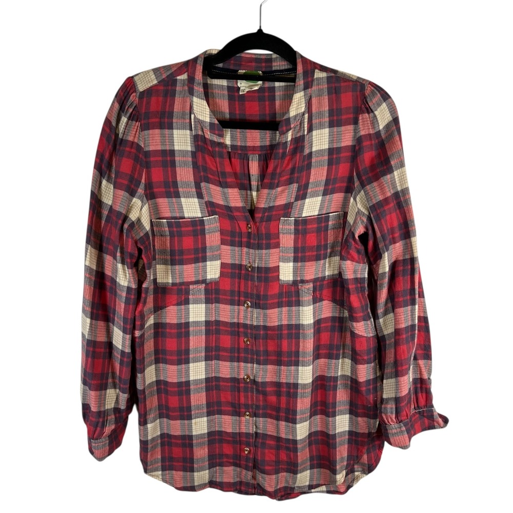 Anthropologie Plaid Button Down Shirt Red Navy Cream Cotton Rayon Womens Size 8